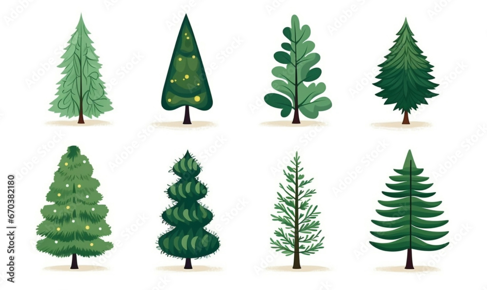 Obraz premium Icon set of fir trees. Decoration for New Year, winter holidays. Set of cartoon Christmas trees for greeting card. Stickers with simple background.