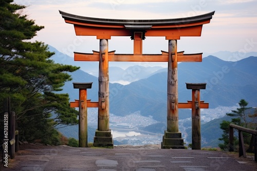 large wooden torii gate at the base of a mountain