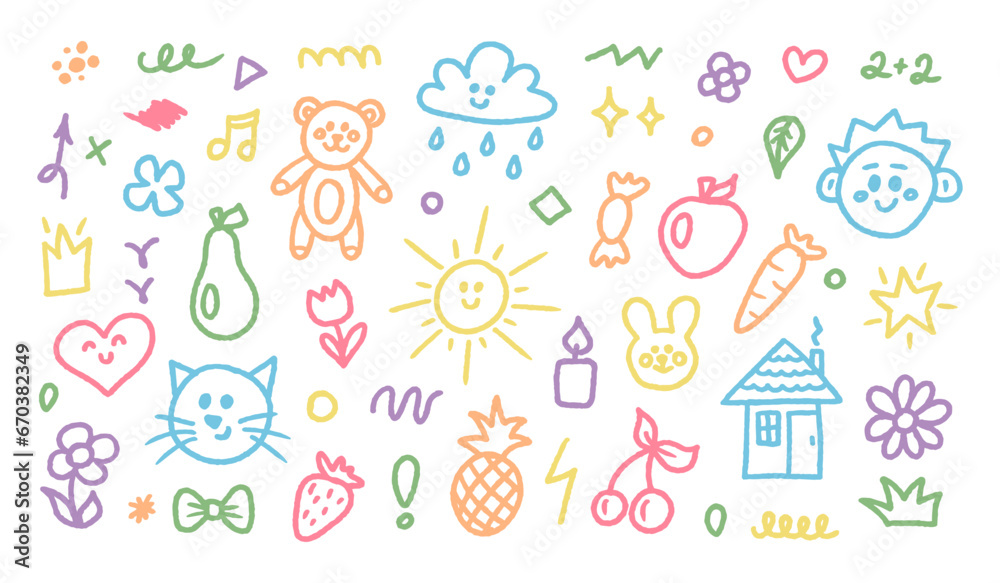 Cute doodle hand drawn kids set. Colorful element of scribble, heart, animal, flower, sun and cloud. Vector modern illustration Cute doodle hand drawn kids set. Colorful element of scribble, heart, animal, flower, sun and cloud. Vector modern illustration