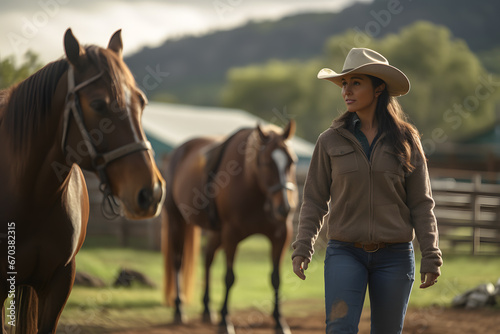 Ranch Life. Cowgirl Tending to Her Horses and Livestock on the Farm