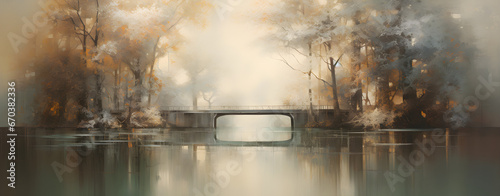 painting of forest landscape with dry trees beside old wooden bridge in autumn with fog background banner