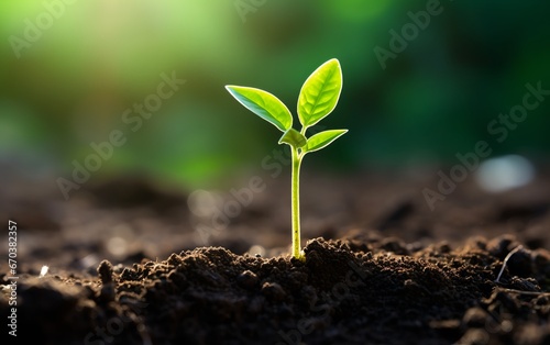 Earth day concept. Young plants grow in soil.
