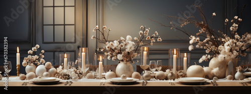 New Year and Christmas table decoration with beautiful glasses, dishes, balls and flowers on blurred background. banner © Анна Мартьянова