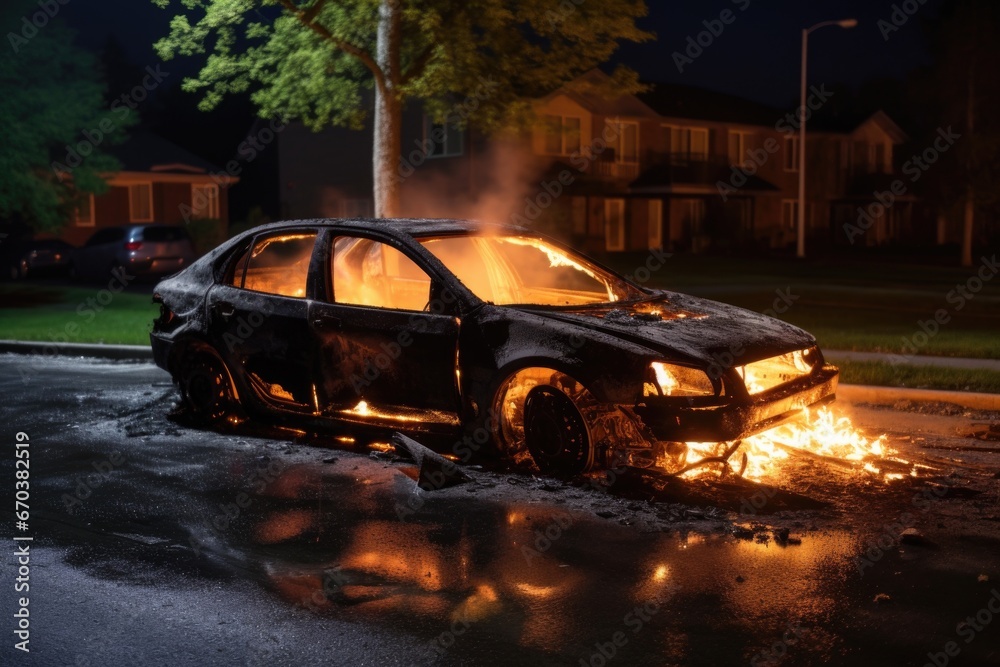 burnt car in nighttime burnt car in nighttime