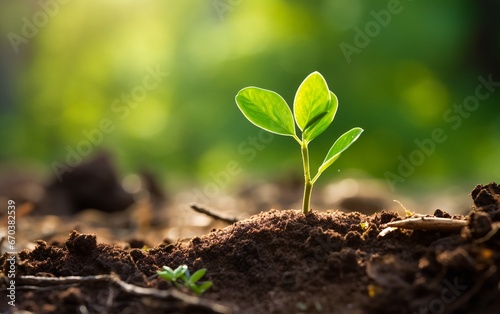 Earth day concept. Young plants grow in soil.