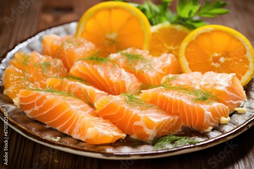 zested citrus rind on marinated salmon fillets