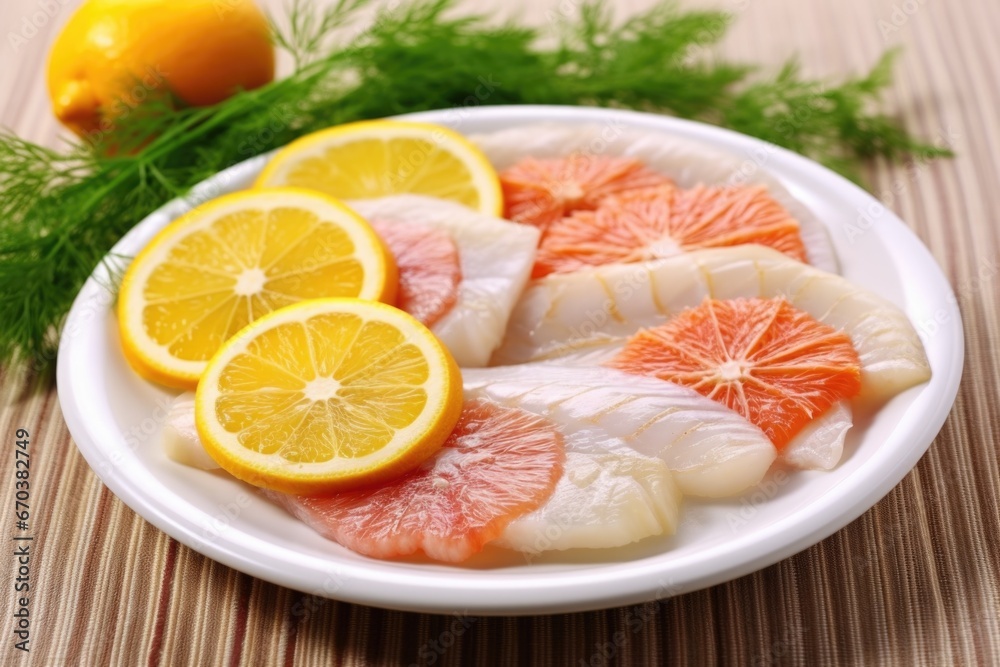 fish fillets with citrus slices on a porcelain plate