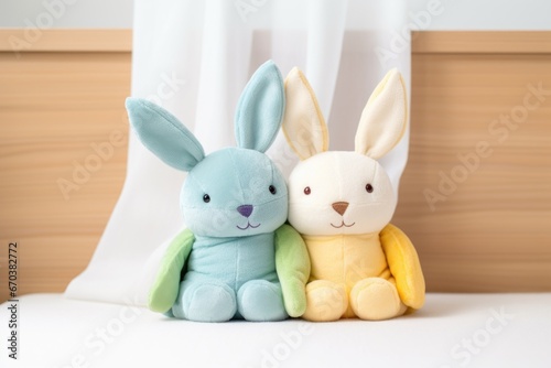 twin stuffed animals in different colors placed next to each other