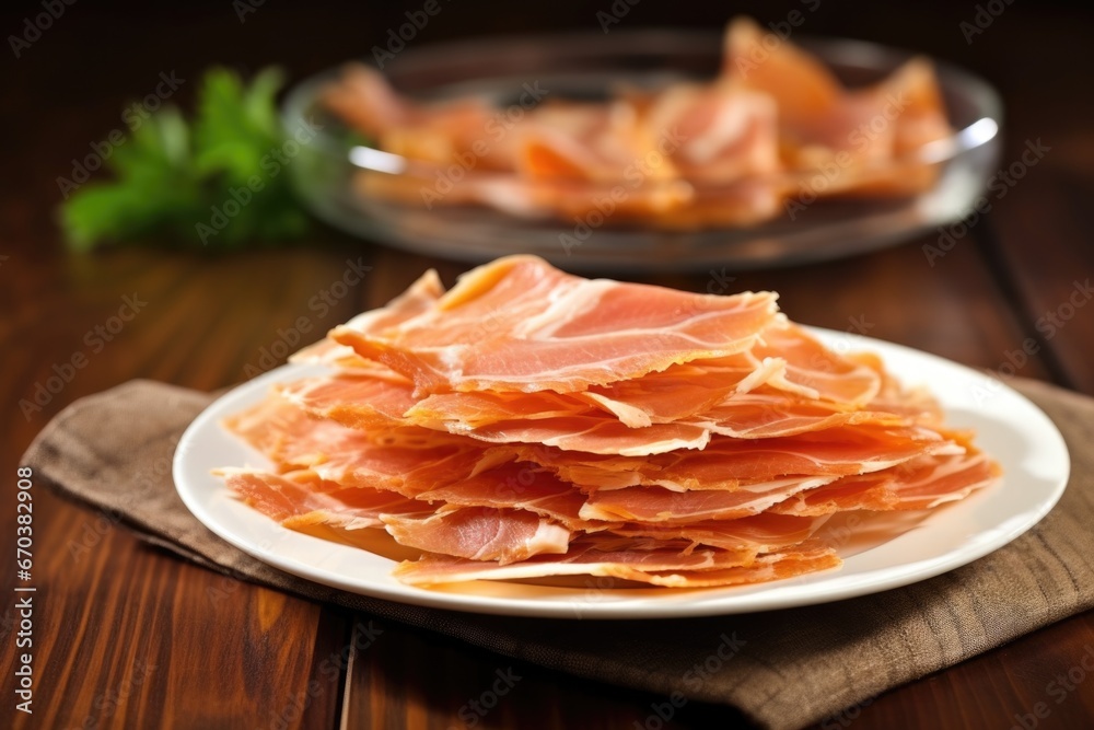 paper-thin slices of smoked salmon piled high on a ceramic dish paper-thin slices of smoked salmon piled high on a ceramic dish