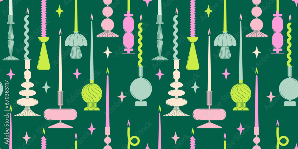 Seamless abstract geometric pattern with various glass candlesticks and