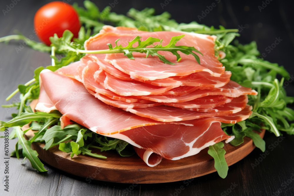 Sliced ham with arugula leaves