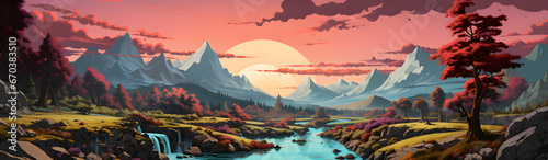 Mountain Valley With A Flowing River. Illustration O
