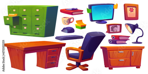 Detective office furniture set isolated on white background. Vector cartoon illustration of police station room design elements, desk, armchair, drawer with case folders, computer, lamp, photo frame