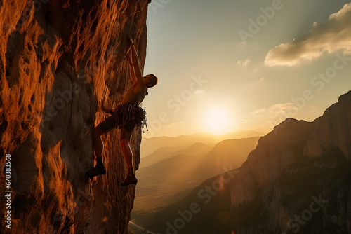 Rock Climbing Challenge. A Climber Scaling a Sheer Cliff Face © Ployker