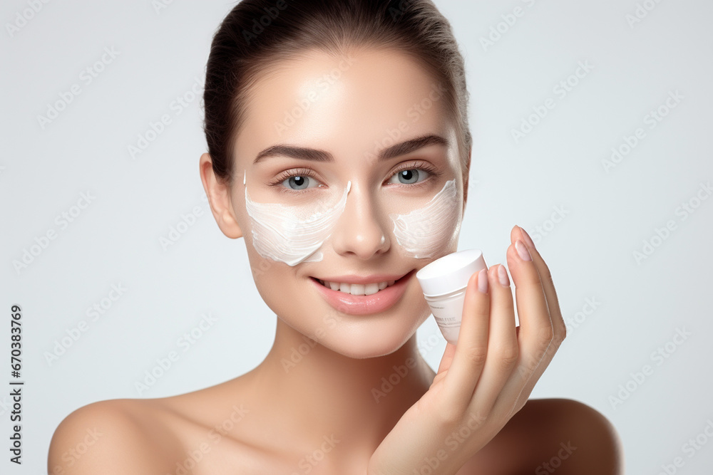 Fototapeta premium woman in spa applying black or white face mask for skin treatment