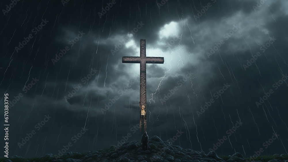 Naklejka premium a glowing cross against a gloomy sky concept faith religion.