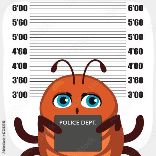 Funny Bed Bug Character On Police Mugshot Vector Cartoon Illustration. Abstract concept of controlling insect infestation