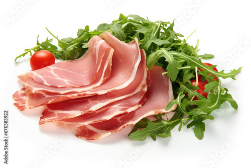 Sliced ham with arugula leaves on white background