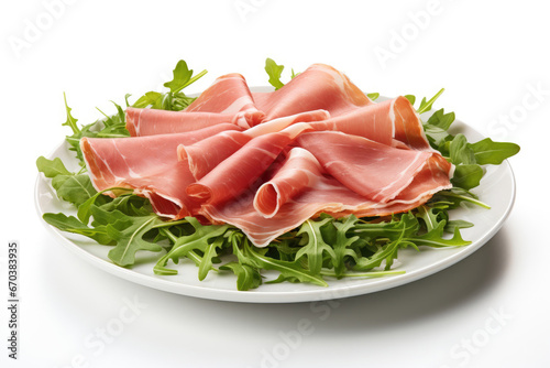 Sliced ham with arugula leaves on white background