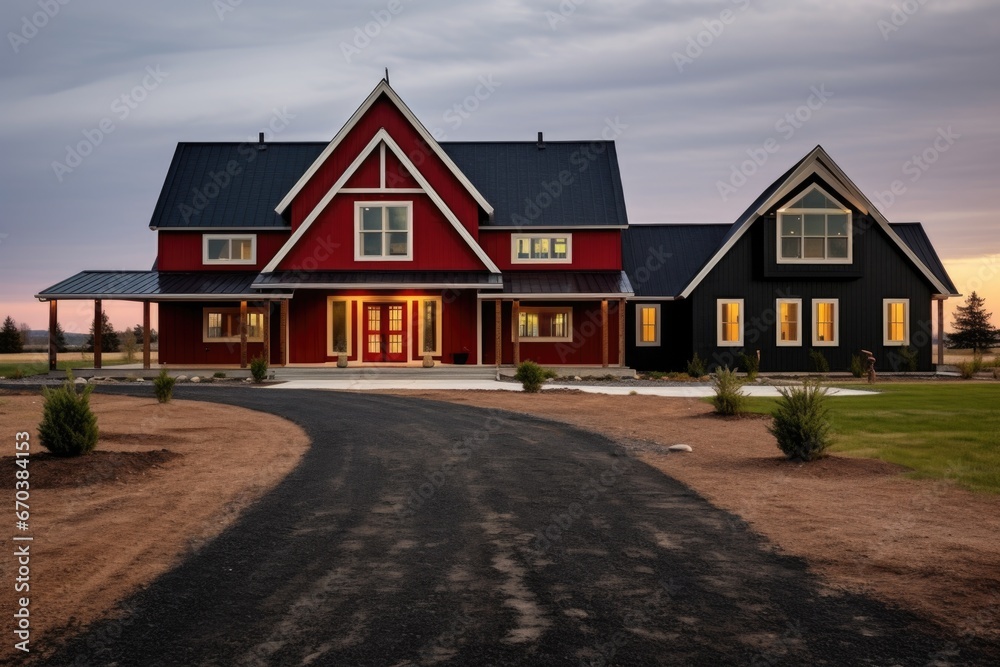 farmhouse with dark gabled entry, long driveway, and red rolls of hay in front farmhouse with dark gabled entry, long driveway, and red rolls of hay in front