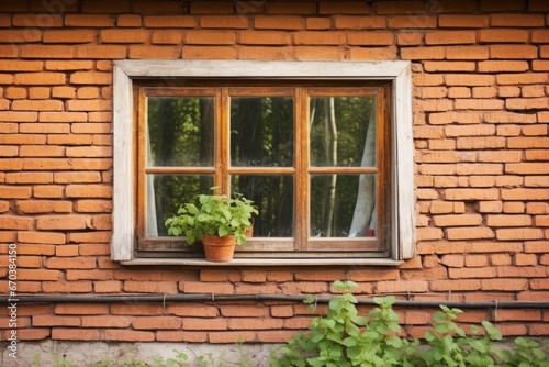 close-up of a farmhouses brick wall with a wooden window frame
