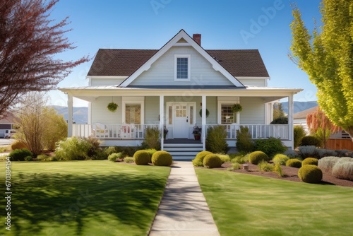 Canvas Print a sunny day shoot of a farmhouse with shrubbery and a white gabled front entry