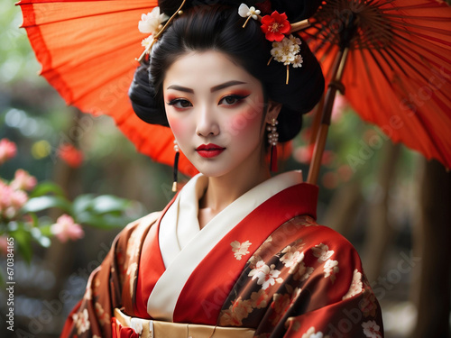 a geisha, a woman with beautiful pale skin, exudes great elegance, dressed in a dazzling outfit. 