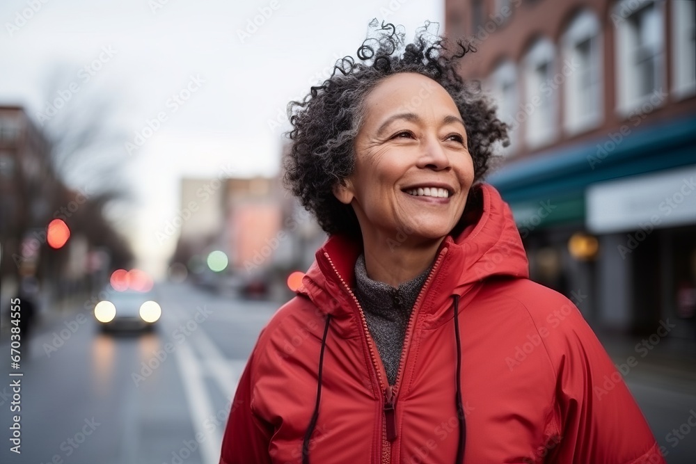 Portrait of a happy senior woman in red jacket smiling on a street - obrazy, fototapety, plakaty 