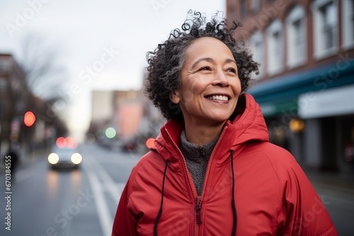 Portrait of a happy senior woman in red jacket smiling on a street photo