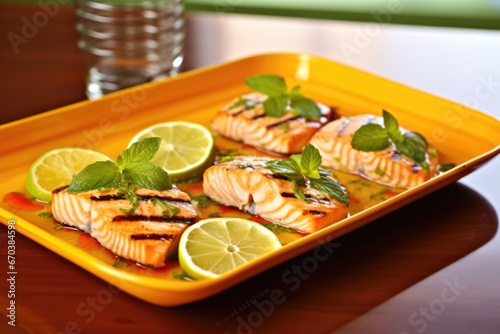 a trio of citrus-glazed salmon medallions on a tray
