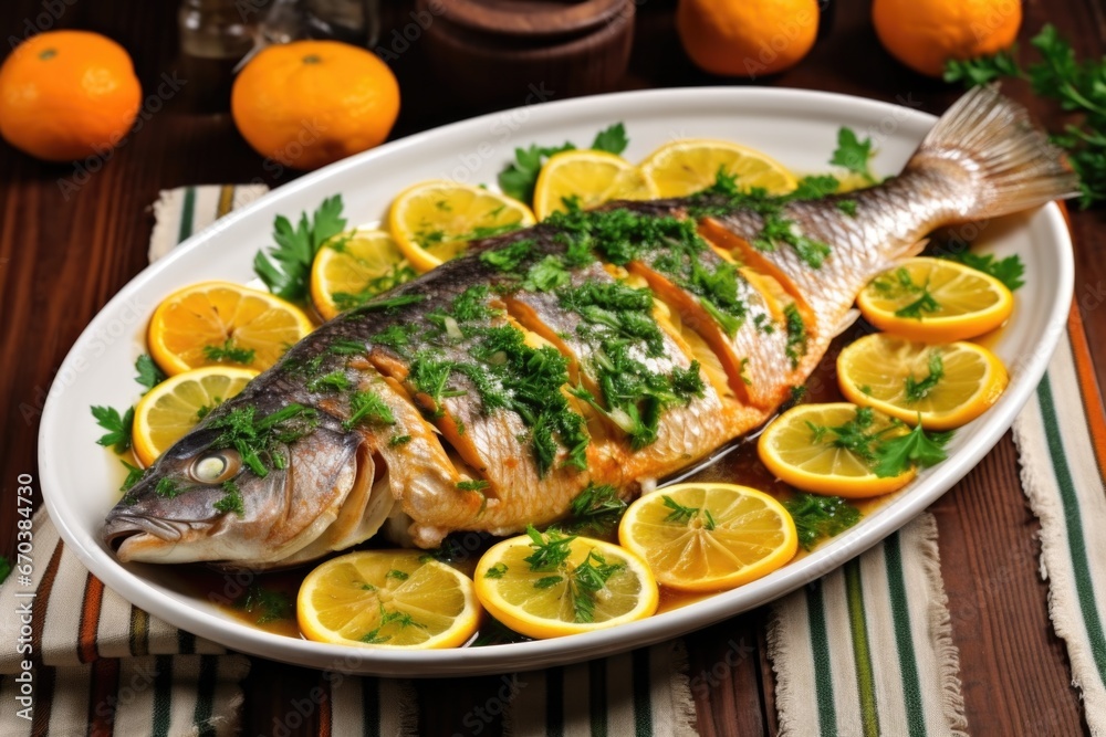 fish basted with lemon glaze, garnished with fresh parsley fish basted with lemon glaze, garnished with fresh parsley