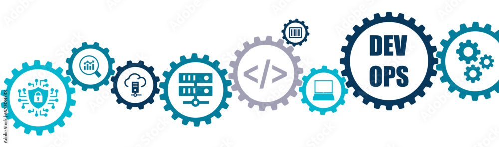 DevOps engineering work banner vector illustration with the icons of ...