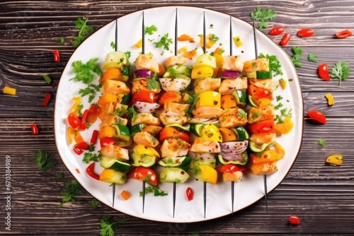 top-down shot of fish skewers mixed with various vegetables