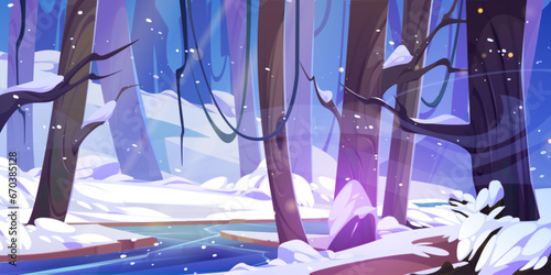 Winter forest river and snowy hills. Vector cartoon illustration of snowstorm in mysterious wild woodland, cold lake with frozen surface, branches of naked trees, frosty blizzard wind, game background