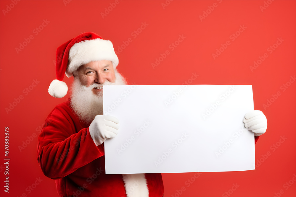 Naklejka premium Happy Santa Claus holding blank advertisement banner red background with copy space. Smiling Santa Claus pointing in white blank sign