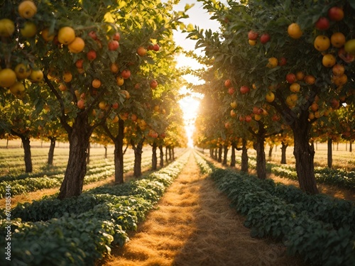 Peak of Harvest: Vibrant Fruit Farm with Rows of Sun-Kissed Trees Extending to the Horizon