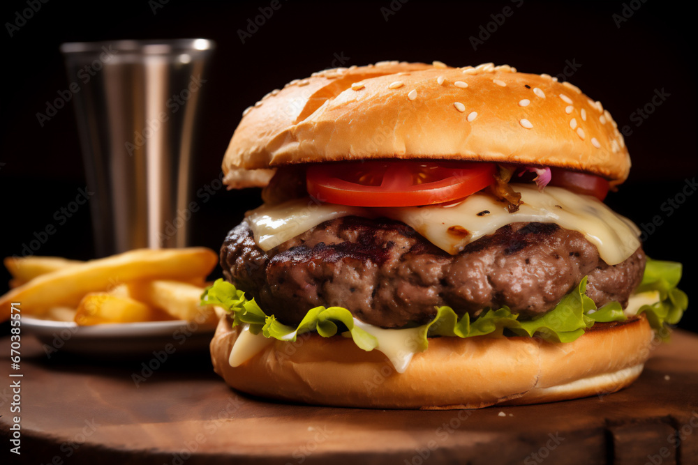 cheeseburger with fries on black background cheeseburger with fries on black background