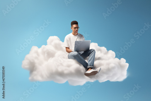 dark-skinned boy sitting on a cloud with a laptop in his legs on a blue background