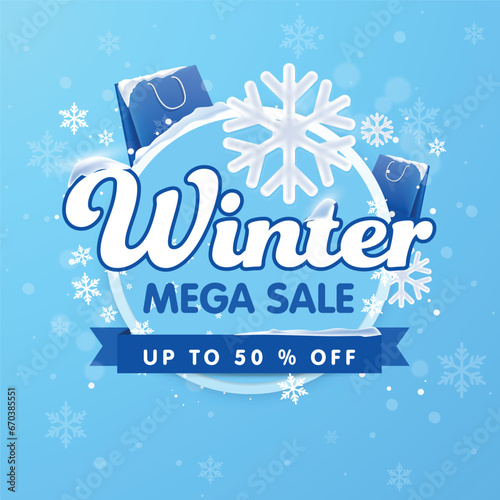 Winter mega sale unit template with snowflakes and shopping bags.