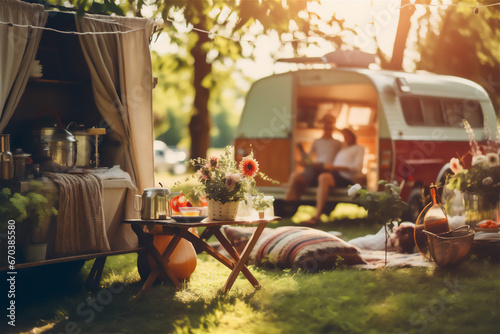 camping scene with caravans outdoors on a sunny day