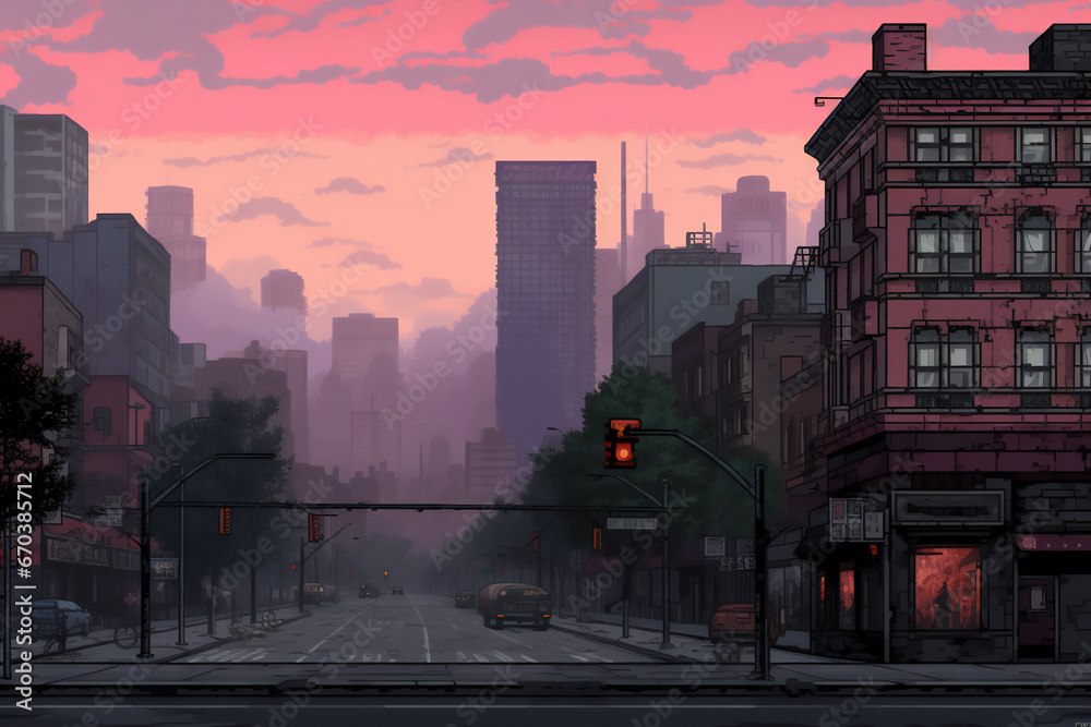 Fototapeta premium city illustration with pink sky at sunset and red traffic light