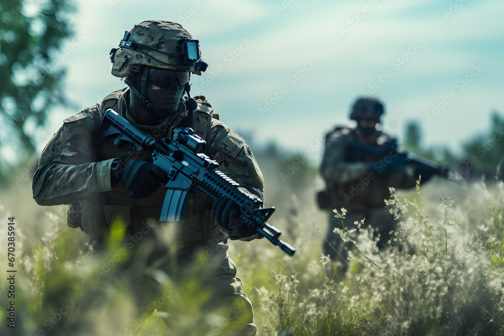 Soldiers in Combat Gear Advancing Cautiously in the Field