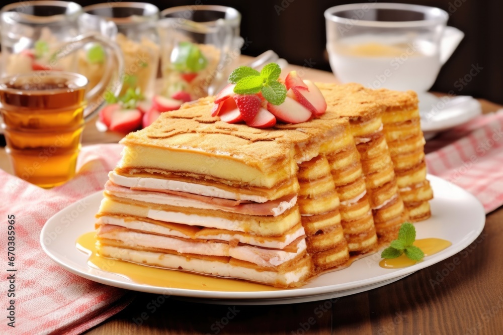 layering slices of french toast on a platter layering slices of french toast on a platter