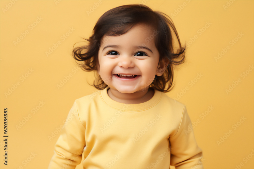portrait of small brown haired girl smiling on yellow background portrait of small brown haired girl smiling on yellow background