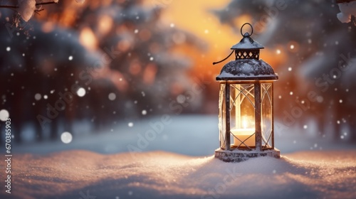 Christmas lantern with snow table decorations, snowy candle lights blurry landscape.