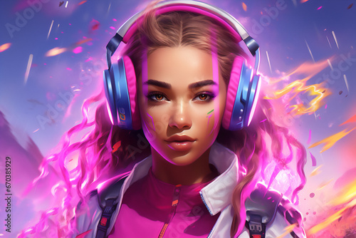 modernist illustration of a portrait of a young girl with music headphones in pink tones