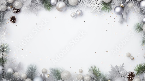 Merry Christmas wreath made of white and silver decorated fir trees, sparkles and confetti on white background.