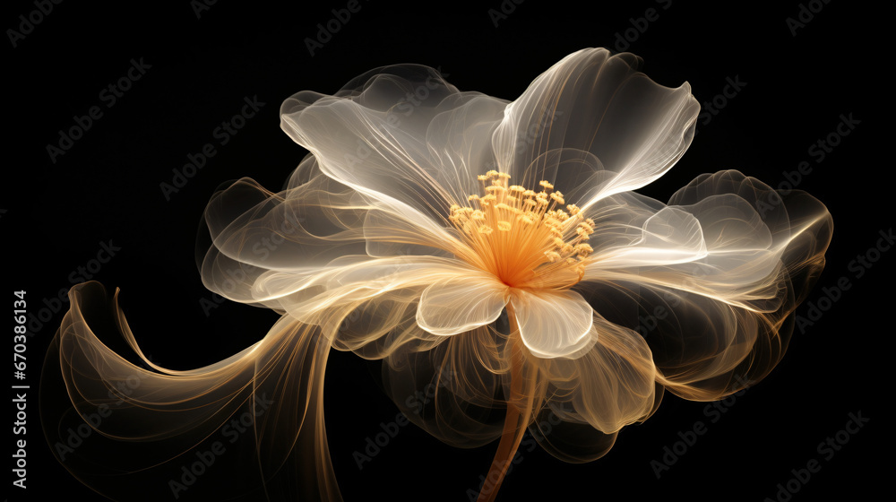 Golden x-ray image of an ethereal flower on black.