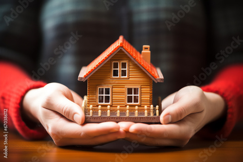close-up of girl's hands holding a small wooden house