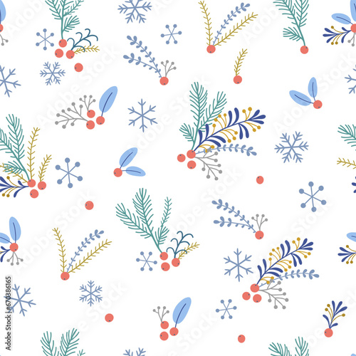 Vector seamless pattern with cranberry berries and twigs on a light background in Christmas style.